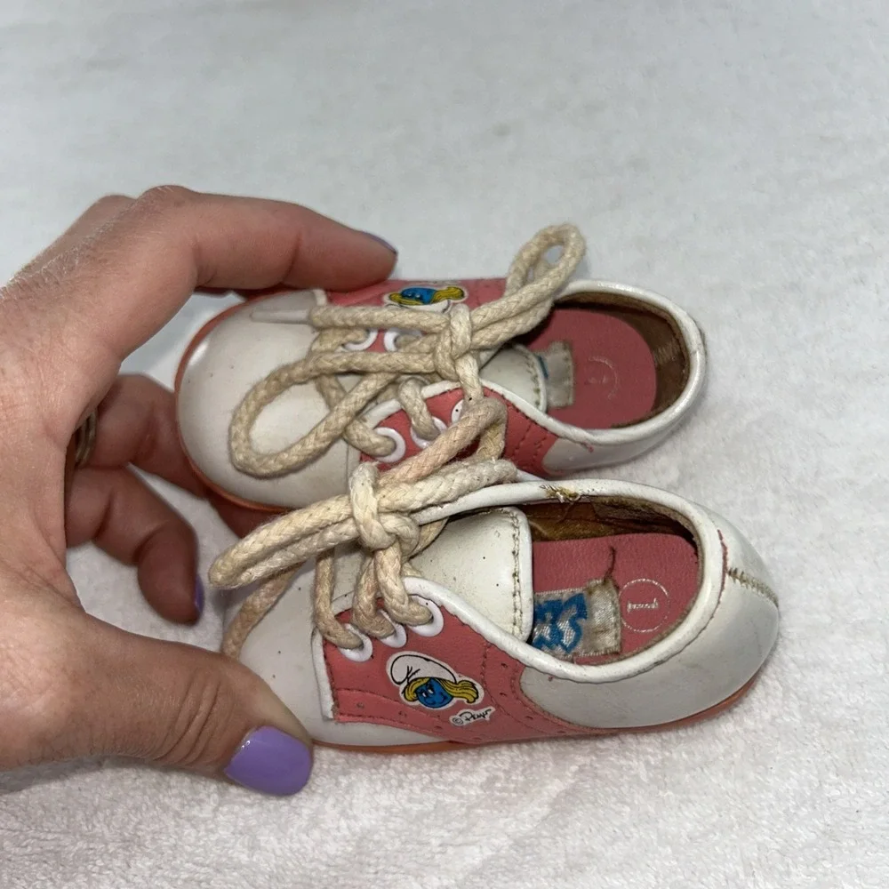 RARE VINTAGE Smurf Baby Girl Saddle Shoes Pink & White Size 1 Smurfette 80's
